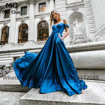 2021 Синие вечерние платья русалки с открытыми плечами для выпускного вечера с карманами, расшитые бисером, блестящие атласные женские вечерние платья на заказ