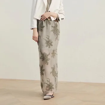 2023 Высококачественные женские Элегантные шелковые юбки ручной работы с 3D цветочной вышивкой блестками, женская юбка средней длины с эластичным поясом и разрезом сзади