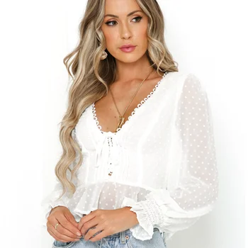 Укороченный топ TEELYNN в стиле бохо с длинным рукавом, глубокий V-образный вырез, шифоновая жаккардовая прозрачная блузка-рубашка в горошек, женские белые летние блузы 2023 года