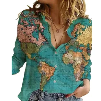 Элегантная блузка с отложным воротником, женская рубашка с принтом Звездной карты, Повседневные уличные рубашки с длинным рукавом, Топы