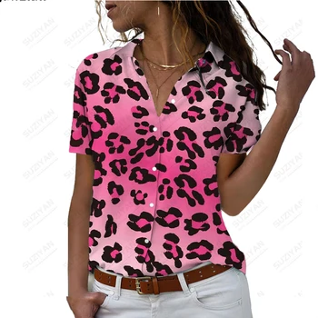 Женская весенняя Новая рубашка с коротким рукавом, красочный леопардовый принт с 3D-печатью, женский воротник-поло, однобортный Свободный непринужденный топ