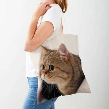 Синие сумки для покупок из британской короткошерстной шерсти с милым кошачьим принтом, женская холщовая сумка-тоут, многоразовая двусторонняя повседневная сумка для покупок для женщин